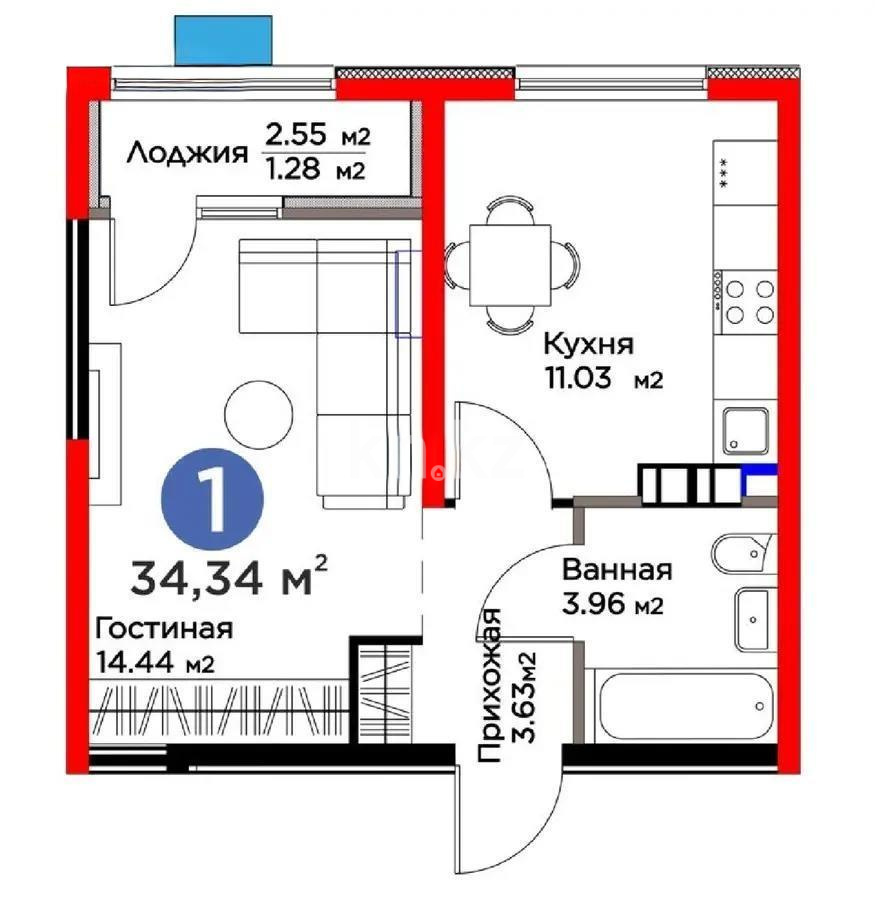 Продажа 1-комнатной квартиры, 34.34 м², ул. Момышулы, дом  11/14а в Алматы