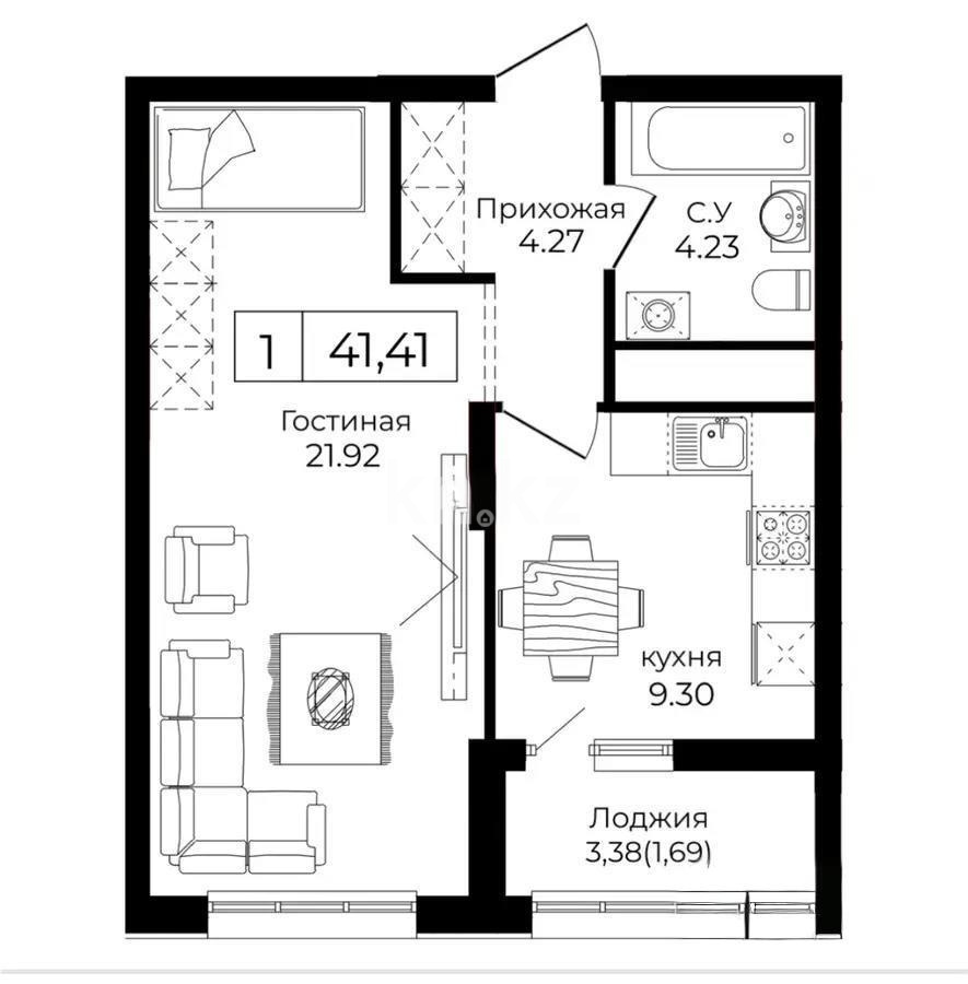 Продажа 1-комнатной квартиры, 41.41 м², ул. Анет баба, дом  4 в Астане
