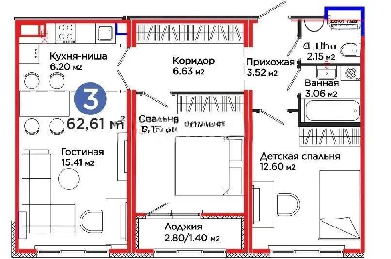 Продажа 3-комнатной квартиры, 62.61 м² в Астане