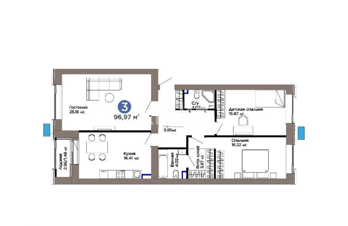 Продажа 3-комнатной квартиры, 96.97 м² в Астане