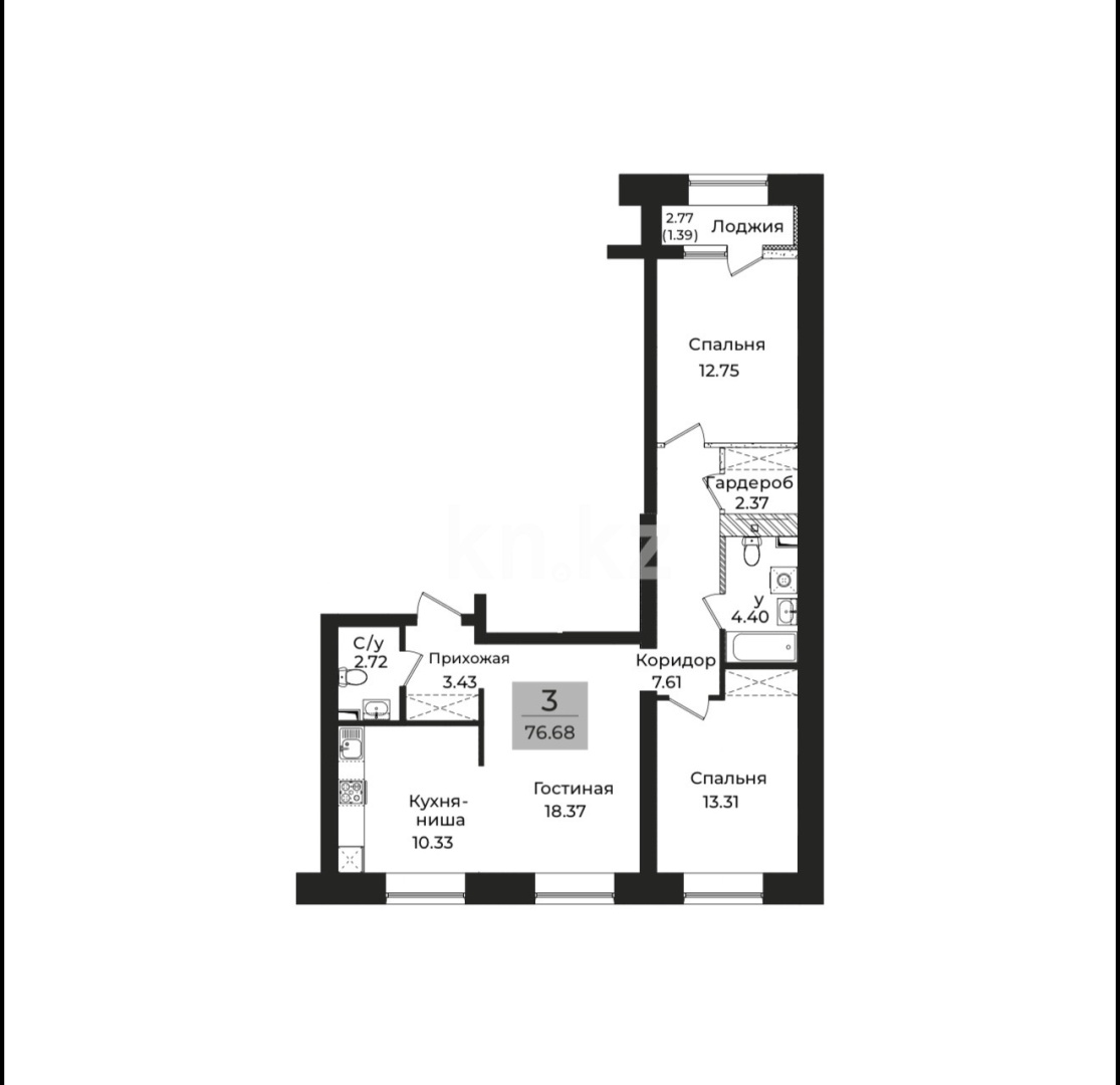 Продажа 3-комнатной квартиры, 76.68 м² - Продажа жилой и коммерческой недвижимости в Астане фото 4 из 4