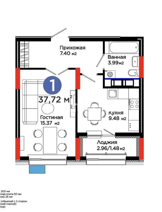 Продажа 1-комнатной квартиры, 37.72 м² в Астане