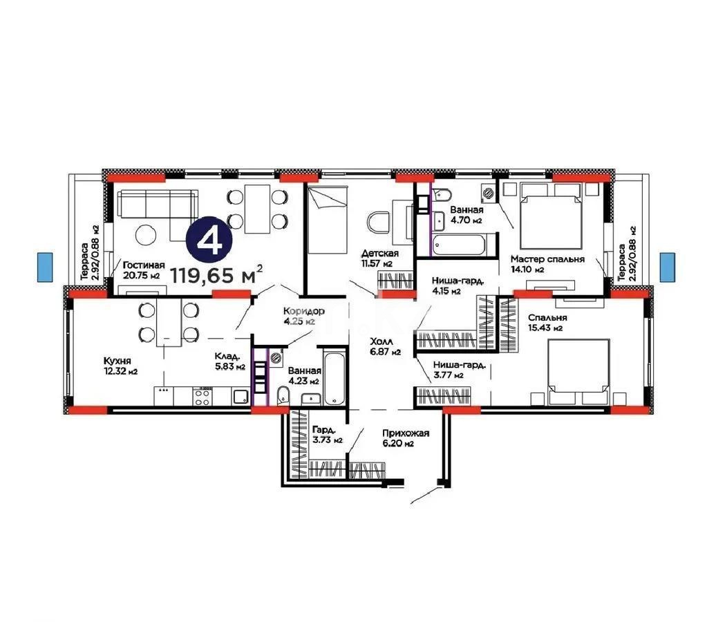 Продажа 4-комнатной квартиры, 119.65 м², ул. Бухар жырау, дом  31/1 - Продажа квартир в новостройках Астаны без посредников фото 1 из 1