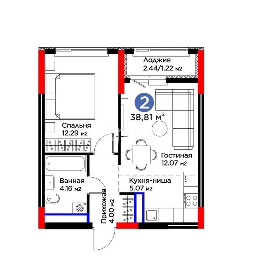 Продажа 2-комнатной квартиры, 38.81 м², пр. Кабанбай батыра, дом  5 стр в Астане