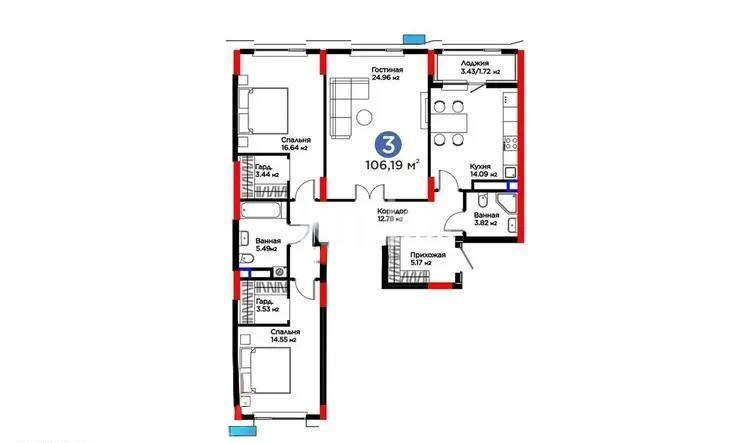 Продажа 3-комнатной квартиры, 106 м², ул. Рыскулова, дом  18 в Астане