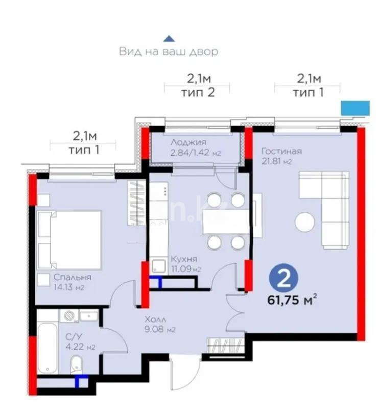 Продажа 2-комнатной квартиры, 61.75 м² в Астане