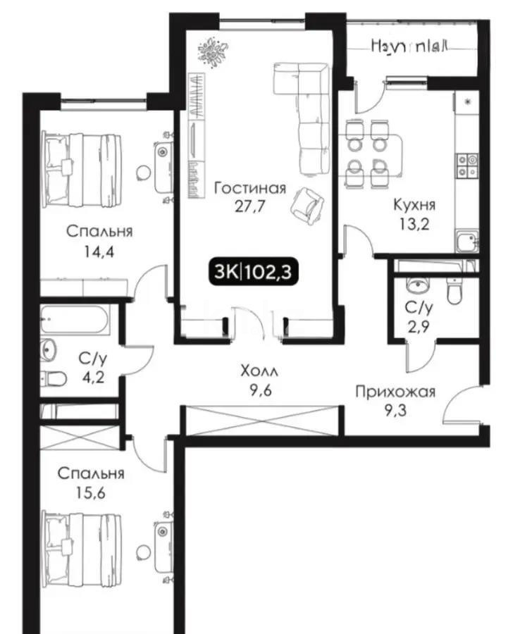 Продажа 3-комнатной квартиры, 102.3 м², пр. Кошкарбаева, дом  54а - Продажа  трехкомнатных квартир в Астане с фото фото 4 из 4