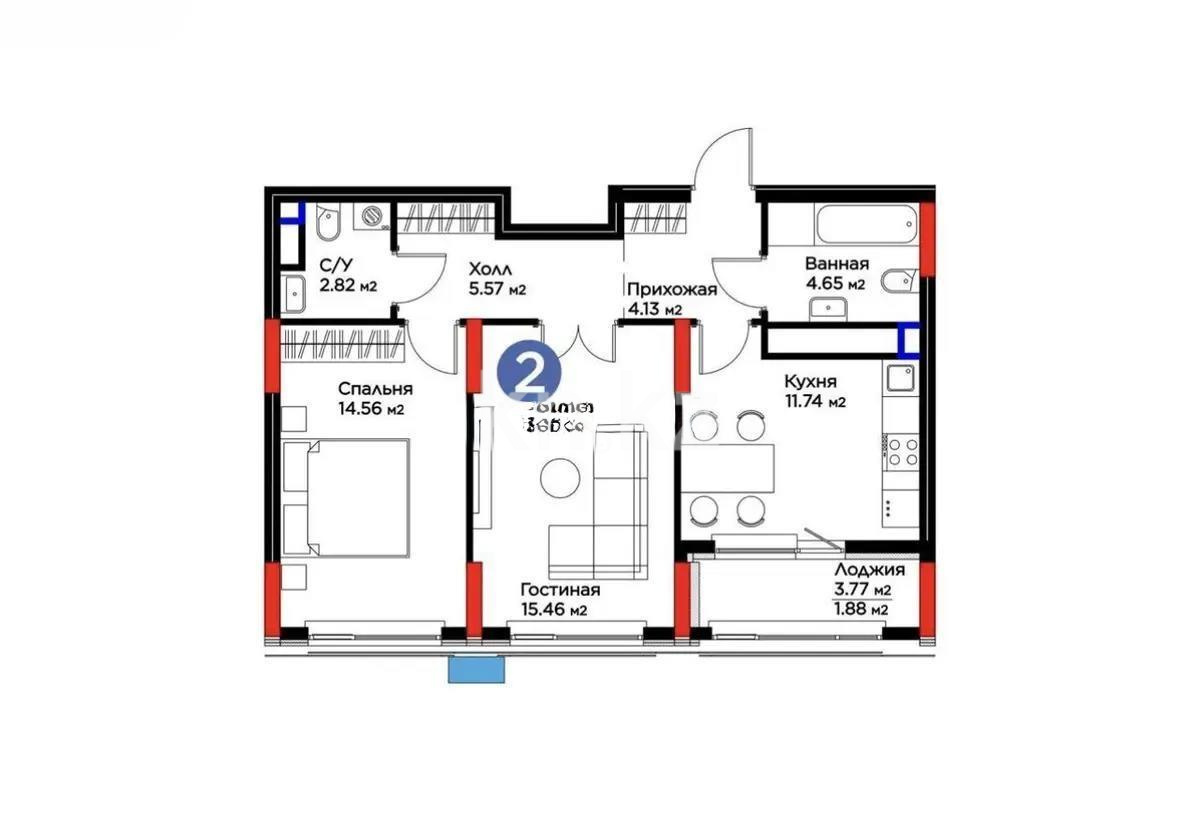 Продажа 2-комнатной квартиры, 60.82 м² в Астане
