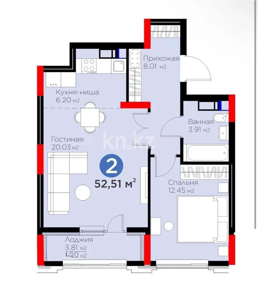 Продажа 2-комнатной квартиры, 52.51 м², ул. Рыскулова, дом  9 стр - Продажа  двухкомнатных квартир в новостройках Астаны с фото фото 1 из 1