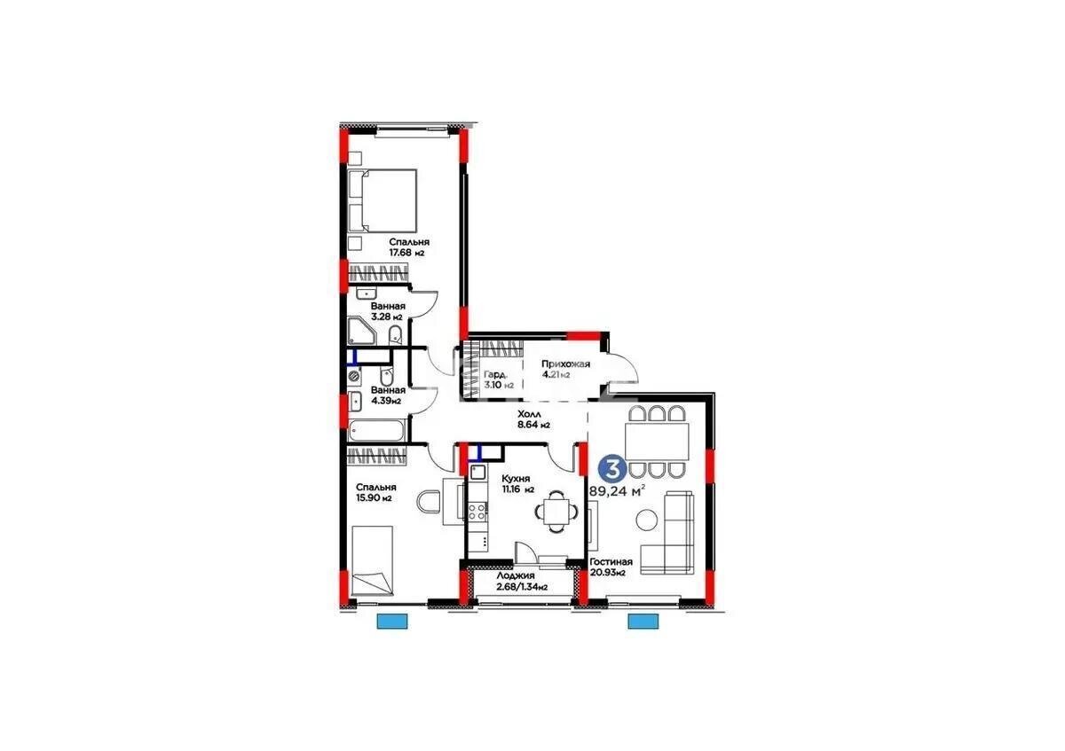 Продажа 3-комнатной квартиры, 89.24 м² в Астане