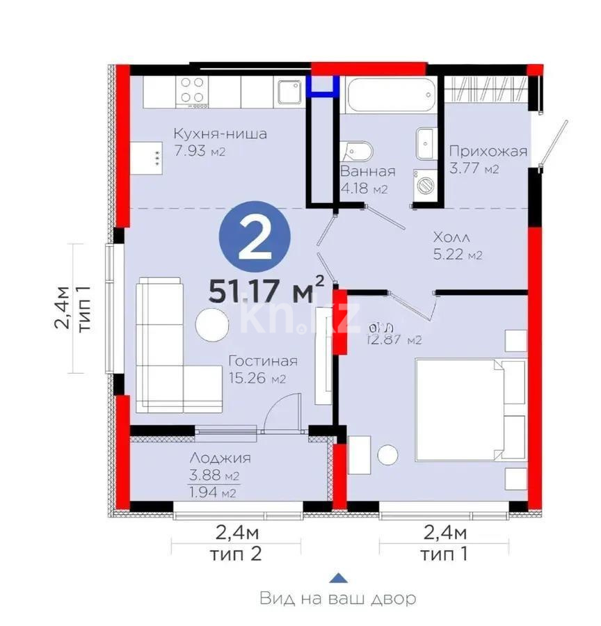 Продажа 2-комнатной квартиры, 51.17 м², ул. Бухар жырау, дом  20 в Астане