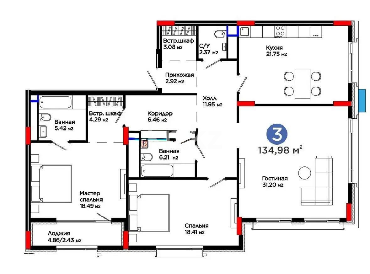 Продажа 3-комнатной квартиры, 134.98 м², пр. Мангилик Ел, дом  57 в Астане