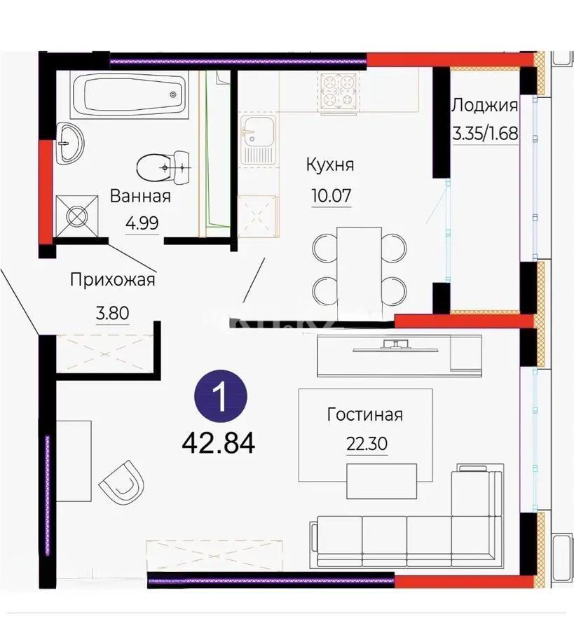 Продажа 1-комнатной квартиры, 43 м², ул. Е-882, дом  7 - Продажа квартир в Астане фото 1 из 1