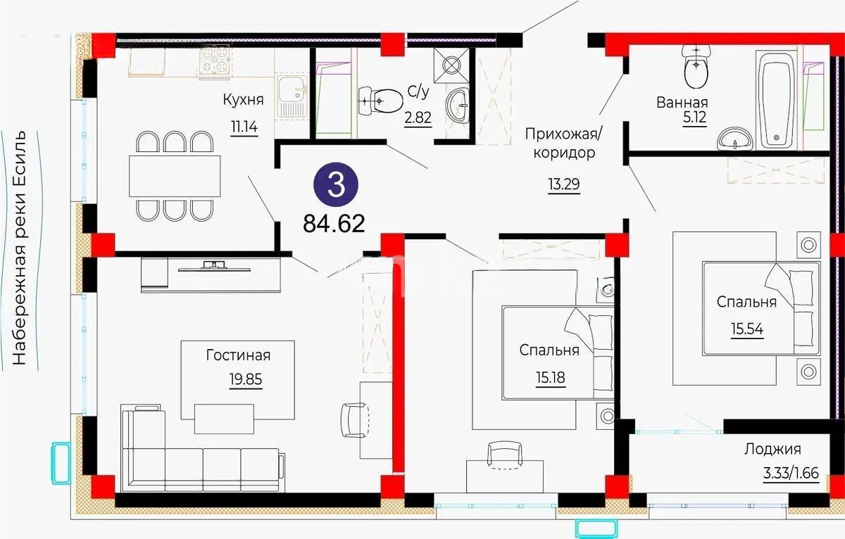 Продажа 3-комнатной квартиры, 84 м² в Астане