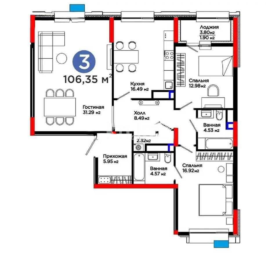 Продажа 3-комнатной квартиры, 107 м², ул. Толе би, дом  54 в Астане