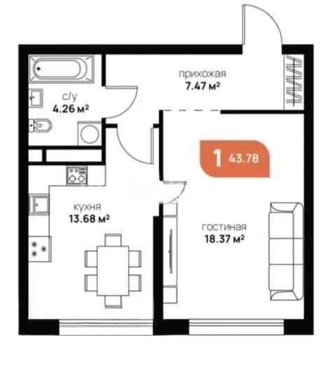 Продажа 1-комнатной квартиры, 44 м², пр. Рыскулова, дом  1 стр - Продажа  однокомнатных квартир в Алматы с фото фото 3 из 3