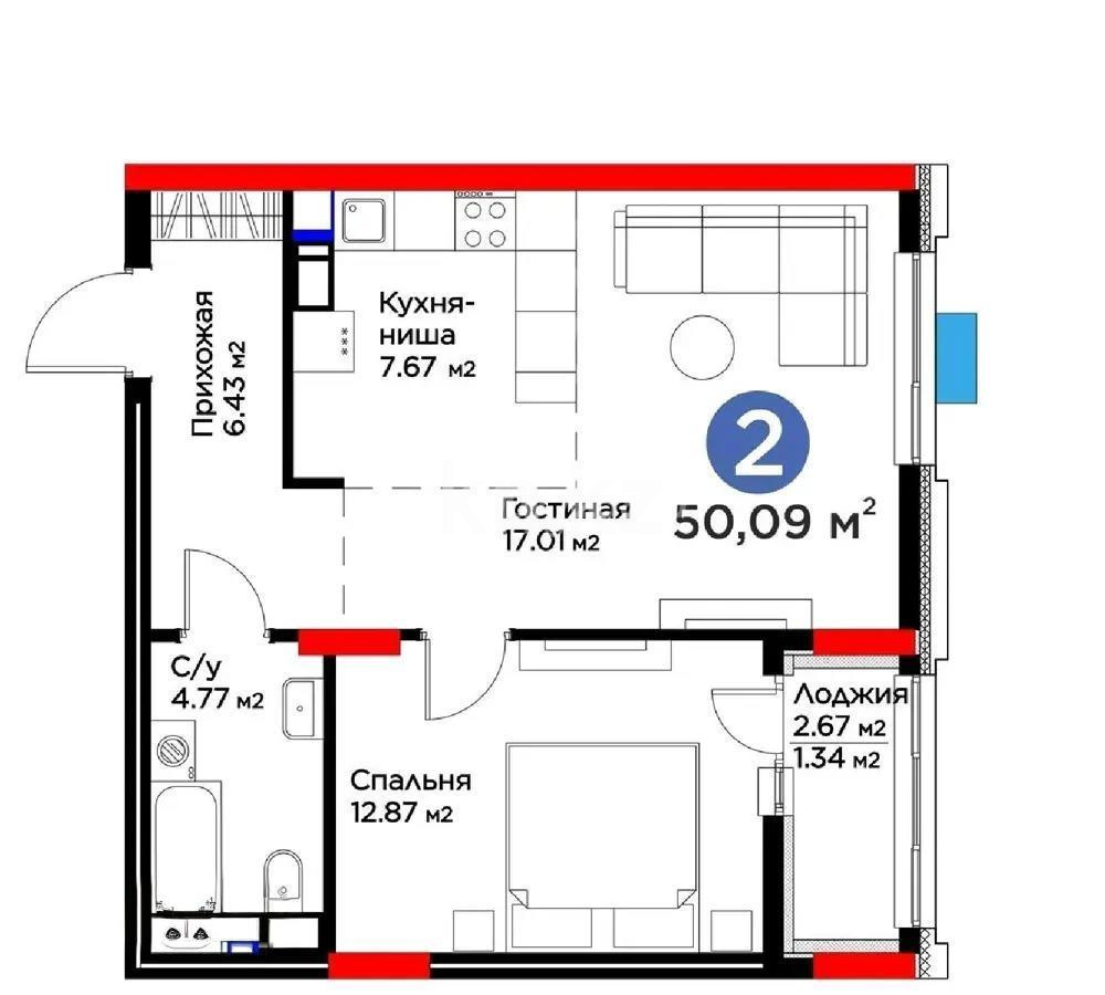Продажа 2-комнатной квартиры, 50 м², ул. Рыскулова, дом  9 стр - Продажа квартир в Казахстане фото 1 из 1
