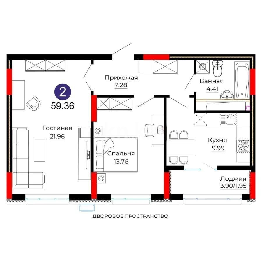 Продажа 2-комнатной квартиры, 59.36 м² - Продажа квартир в р-не Сарыарка Астаны - страница 2 фото 4 из 4