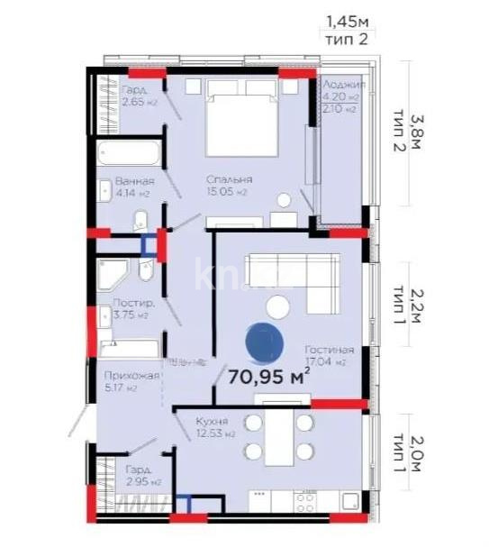 Продажа 2-комнатной квартиры, 70.95 м² в Астане