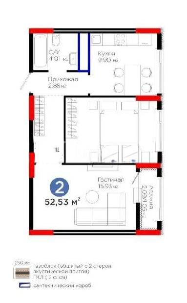 Продажа 2-комнатной квартиры, 52.53 м² в Астане