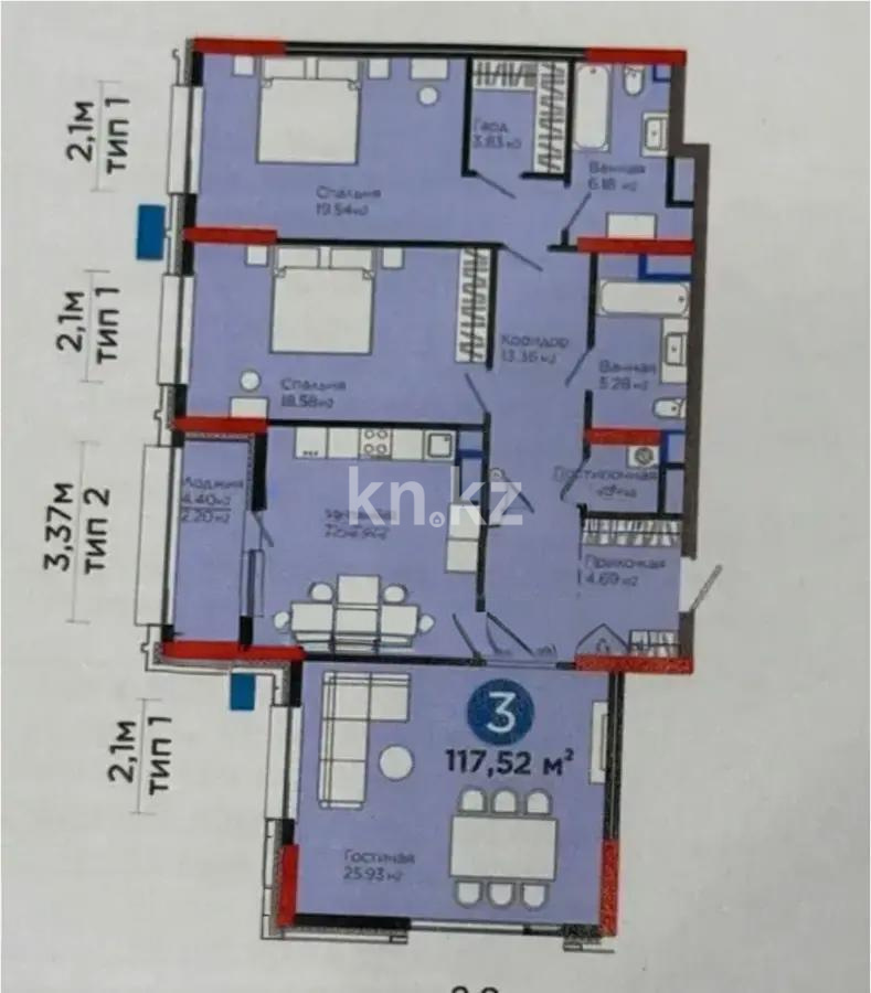Продажа 3-комнатной квартиры, 118 м², ул. Рыскулова, дом  3 - Продажа  трехкомнатных квартир в Астане без посредников фото 1 из 1