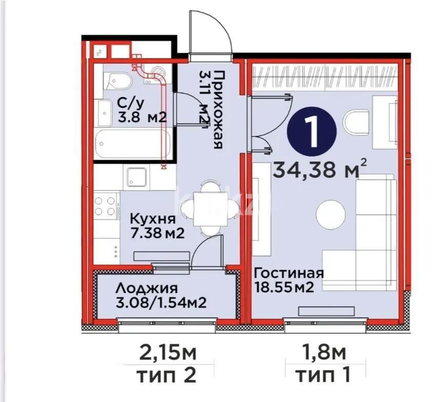 Продажа 1-комнатной квартиры, 34.38 м², ул. Е-511, дом  38 - Продажа  однокомнатных квартир в новостройках Астаны с фото фото 1 из 1