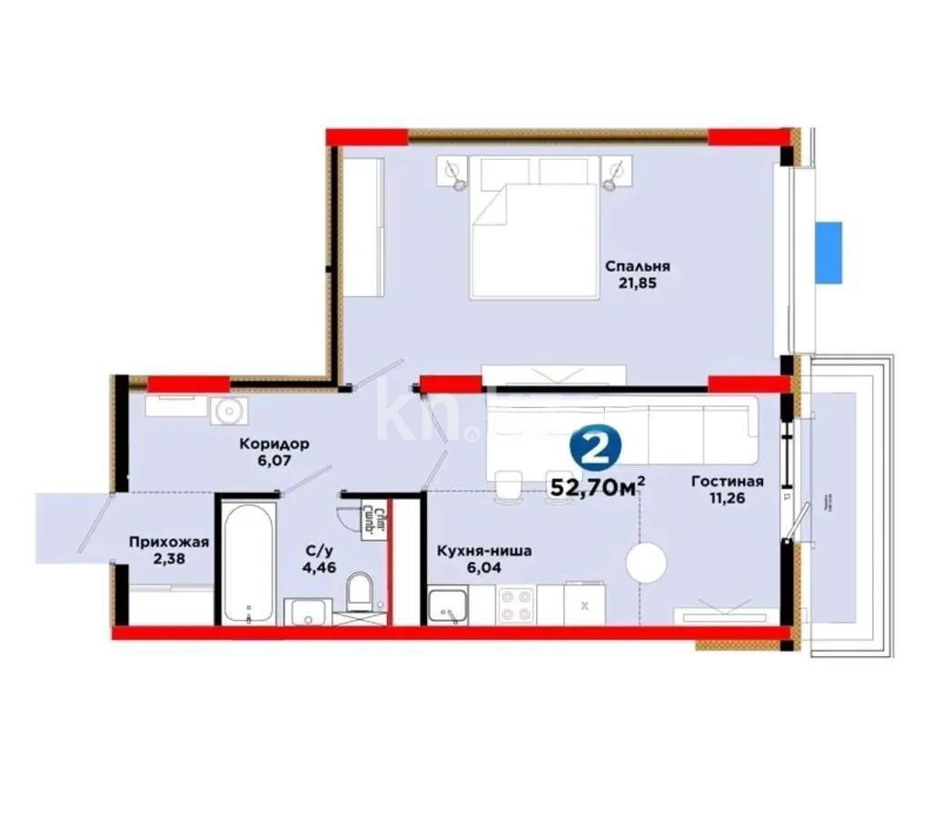 Продажа 2-комнатной квартиры, 53 м² в Астане