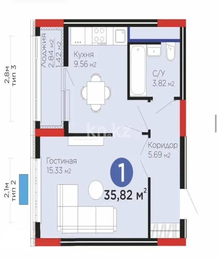 Продажа 1-комнатной квартиры, 36 м² в Астане