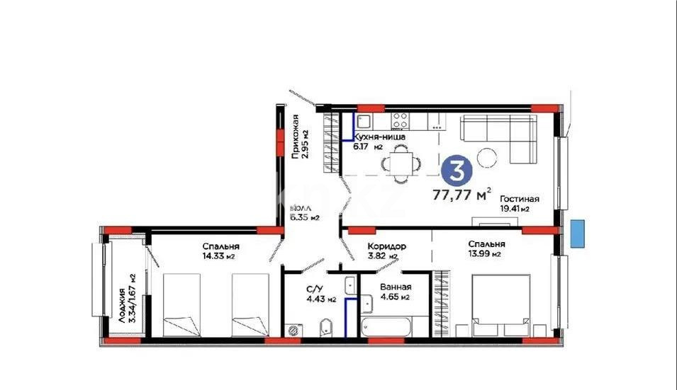 Продажа 3-комнатной квартиры, 77.77 м² в Астане