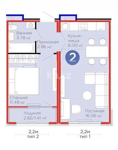 Продажа 2-комнатной квартиры, 42 м² в Астане