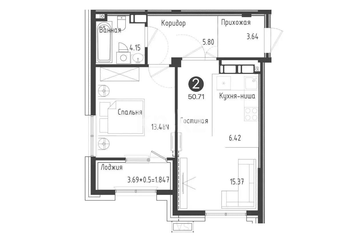 Продажа 2-комнатной квартиры, 50.7 м² в Алматы