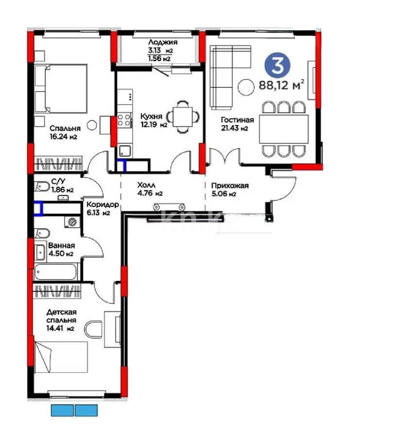 Продажа 3-комнатной квартиры, 88.29 м², ул. Бухар жырау, дом  33 - Продажа квартир в Астане фото 1 из 1