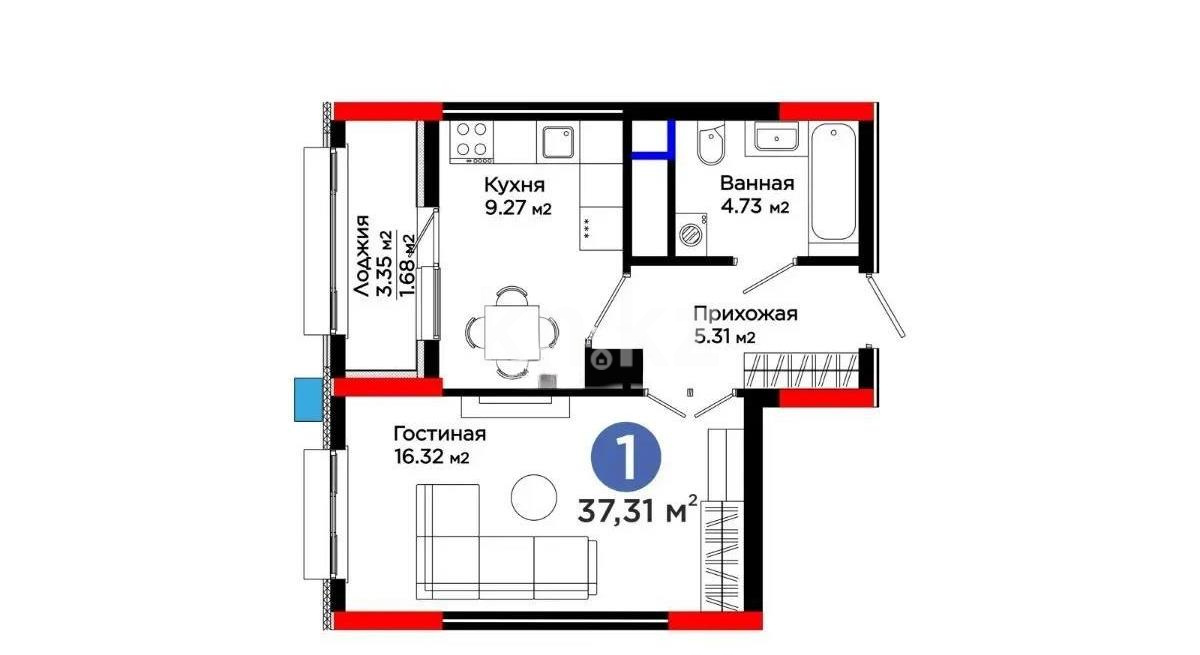 Продажа 1-комнатной квартиры, 37.31 м² в Астане