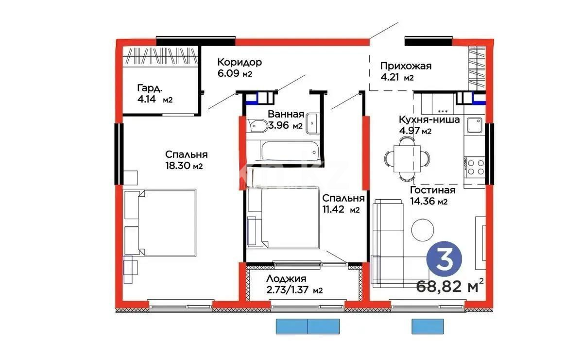 Продажа 3-комнатной квартиры, 68.82 м² - Продажа трехкомнатных квартир в Алматы - страница 8 фото 1 из 1