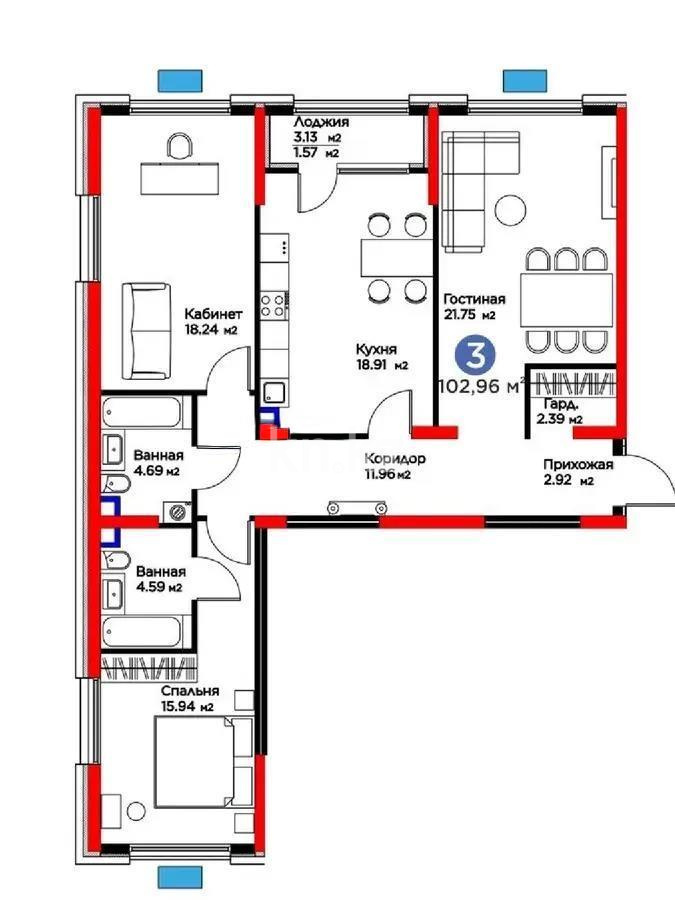 Продажа 3-комнатной квартиры, 102.86 м², ул. Ботакоз, дом  2/1 - Продажа квартир в Алматы фото 1 из 1