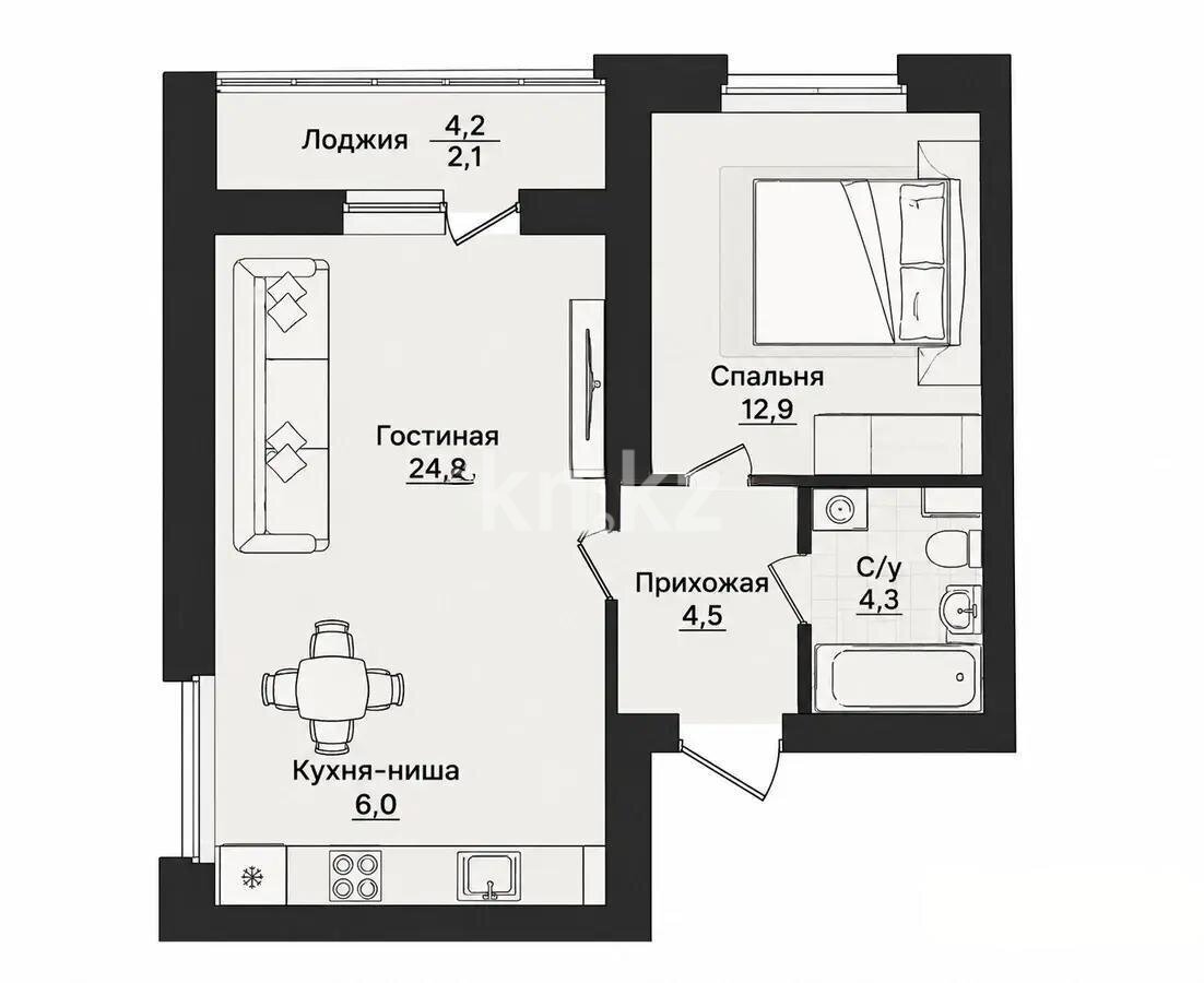 Продажа 2-комнатной квартиры, 53.8 м² в Астане
