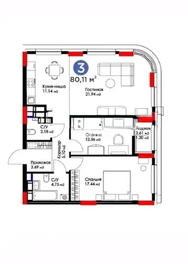Продажа 3-комнатной квартиры, 80.11 м², пр. Мангилик Ел, дом  61 в Астане - фото 6