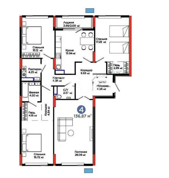 Продажа 4-комнатной квартиры, 136.87 м² в Астане