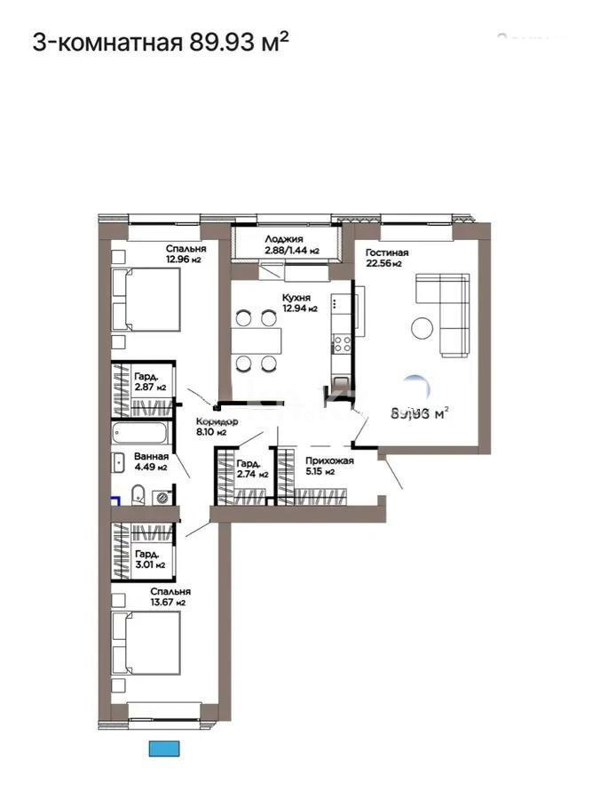 Продажа 3-комнатной квартиры, 89.93 м², ул. Рыскулова, дом  18/5 - Продажа  трехкомнатных квартир в Астане без посредников с фото фото 1 из 1