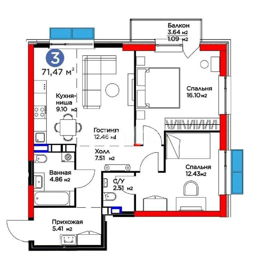 Продажа 3-комнатной квартиры, 71.47 м², мкр-н Гажайып, дом  5/2 - Продажа  трехкомнатных квартир в новостройках Алматы без посредников фото 6 из 6