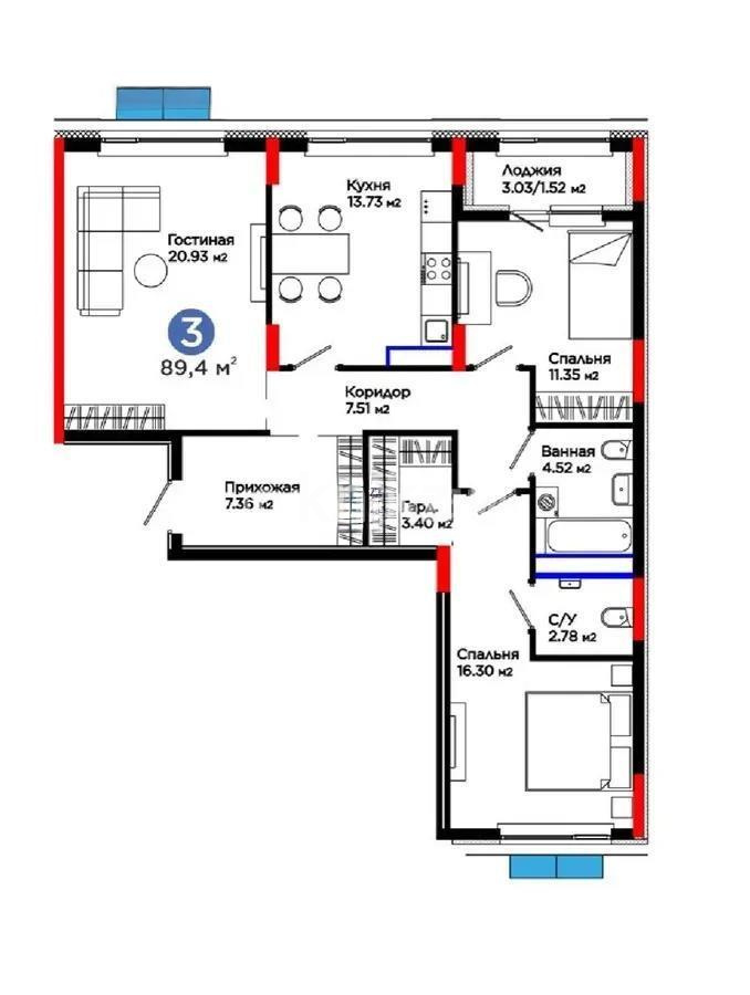 Продажа 3-комнатной квартиры, 90.2 м² в Астане