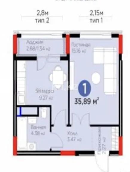 Продажа 1-комнатной квартиры, 35.89 м² в Астане