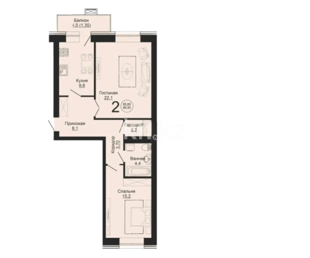 Продажа 2-комнатной квартиры, 67.4 м², ул. Жангельдина, дом  14 стр в Астане
