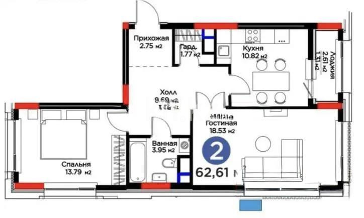 Продажа 2-комнатной квартиры, 62.61 м² в Астане