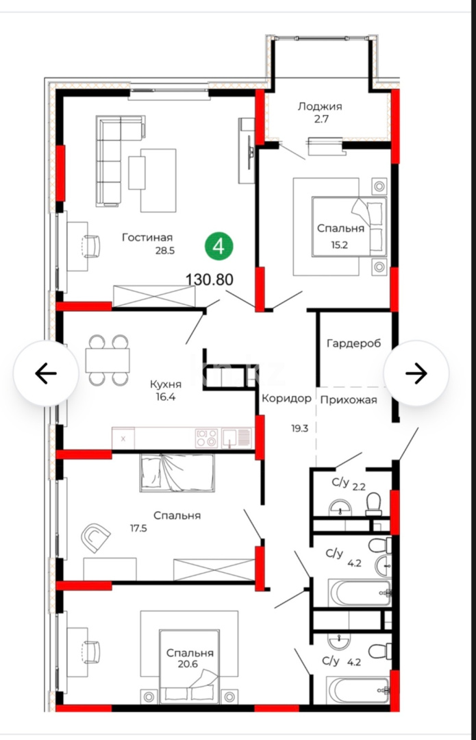 Продажа 4-комнатной квартиры, 130.8 м² в Астане