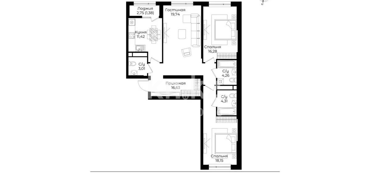 Продажа 3-комнатной квартиры, 95.18 м² - Продажа трехкомнатных квартир в монолитно-каркасном доме в Казахстане - страница 3 фото 1 из 1