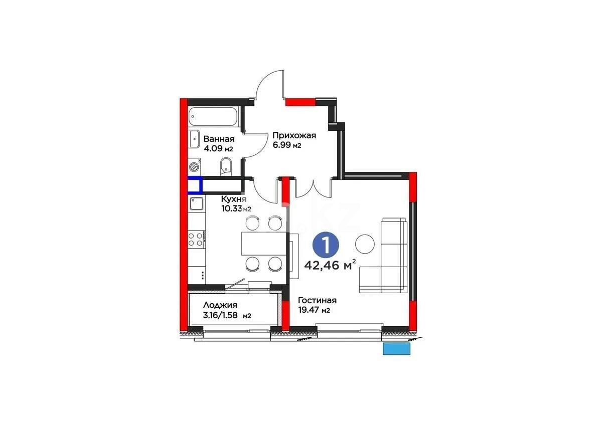 Продажа 1-комнатной квартиры, 42.46 м² в Астане