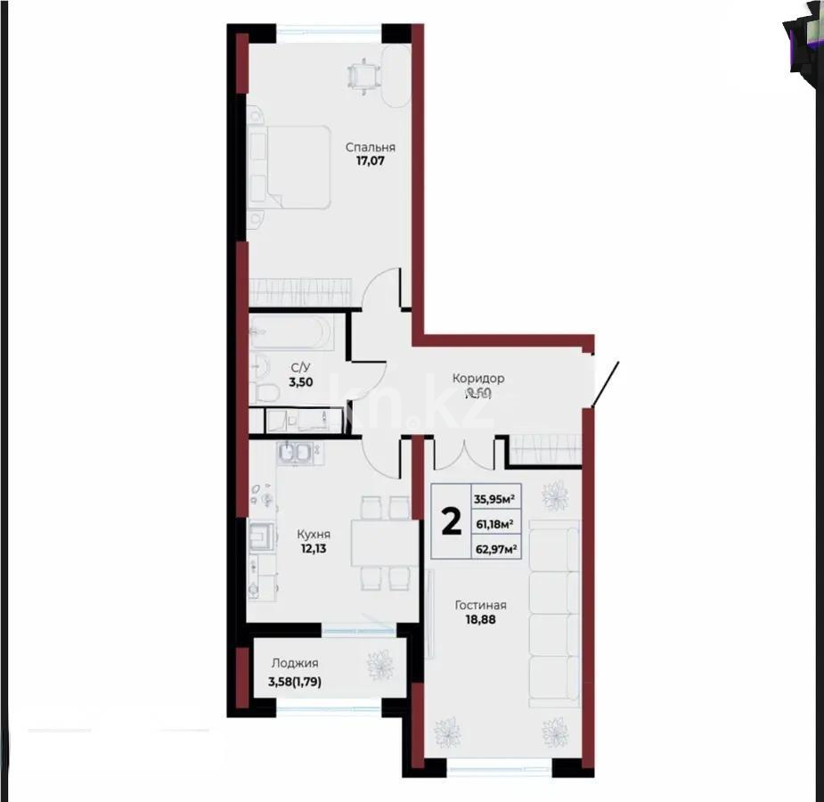 Продажа 2-комнатной квартиры, 62.97 м² - Продажа двухкомнатных квартир в Астане - страница 6 фото 1 из 1