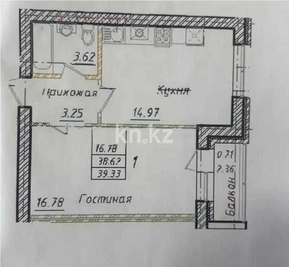Продажа 1-комнатной квартиры, 39.33 м² в Астане