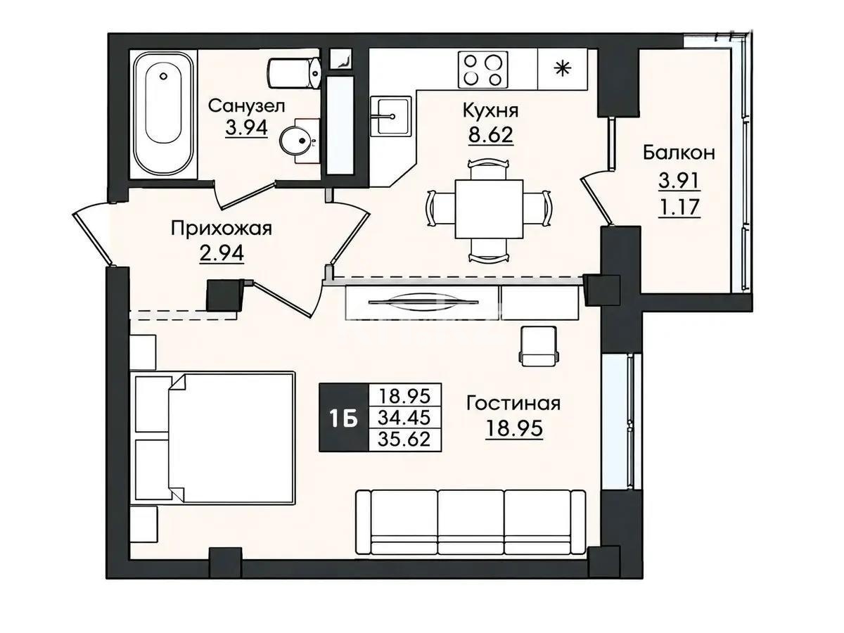 Продажа 1-комнатной квартиры, 35.62 м² в Астане